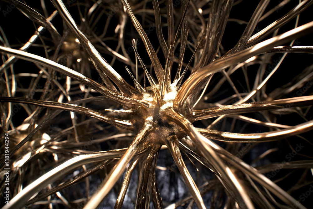 Poster abstract gold neuron network; intricate 3d rendering of a neural connection, showcasing complex bran