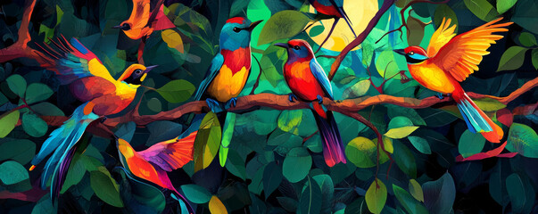 Vibrant birds fluttering between tree branches, showcasing colorful feathers in lush green environment. scene captures beauty of nature and avian diversity
