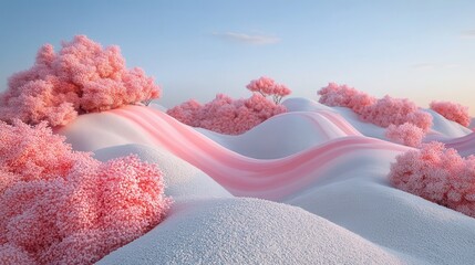A dreamy landscape filled with pastel-colored candy hills and whimsical flora