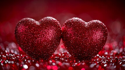 Obraz premium 3d render Two sparkling red hearts sit closely together on a glittery red background, symbolizing love and romance.