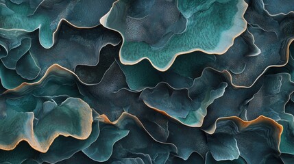 Close-up of textured, layered green and blue organic shapes, resembling abstract marine life or natural formations.