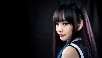 Fototapeta premium An anime style girl with a dark black gothic style background 