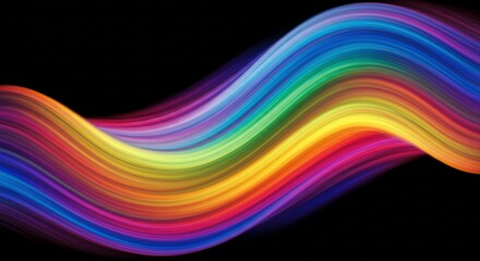 Fototapeta premium Abstract Rainbow Waves: A vibrant and dynamic abstract background featuring a mesmerizing wave of colorful stripes, cascading in a sinuous pattern across a deep black canvas. 