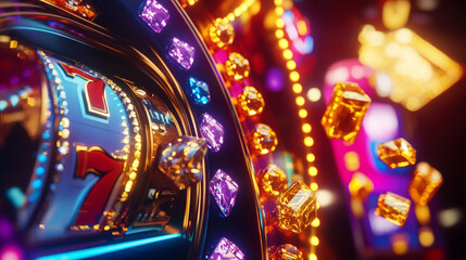 Casino banner, 777 jackpot with gold coins and diamonds, vector gambling game signboard. Online casino and Vegas slot machine lucky win cartoon signboard with retro neon lights, 777 jackpot sign