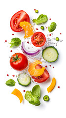 Explosion of sliced vegetables salad splash, isolated on white background