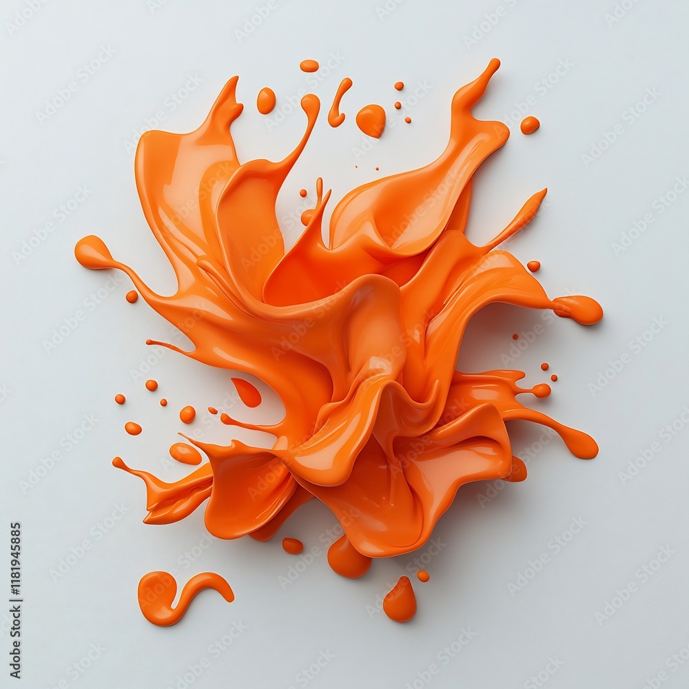 Poster bursting orange liquid sculpture dynamically frozen in motion on a pristine white backdrop showcasin