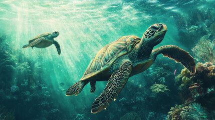 Fototapeta premium Majestic sea turtles glide gracefully through vibrant coral reef, showcasing beauty of marine life. underwater scene is filled with colorful corals and sunlight filtering through water