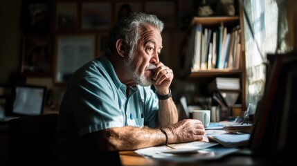 A close-up portrait of a thoughtful man staring out from his desk, illuminated by soft natural light, evokes introspection, creativity, and the passage of time.