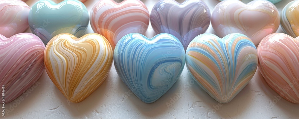 Poster 3d render a row of colorful, marbled heart-shaped decorations in pastel shades, creating a soft and 