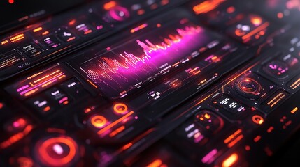 Obraz premium A futuristic control panel featuring vibrant neon graphics and soundwave visualizations.