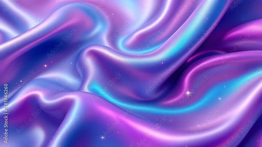 Poster close-up of vibrant, iridescent fabric with colorful waves and digital dot patterns, evoking a futur