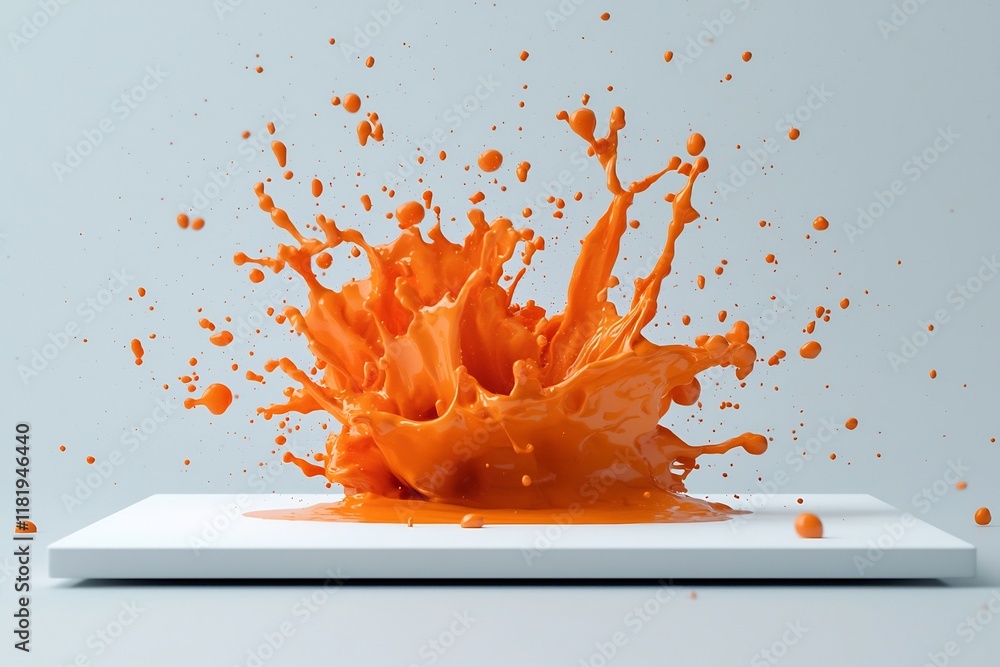 Poster mesmerizing burst of vivid orange liquid flowing and cascading across a pristine white studio backdr