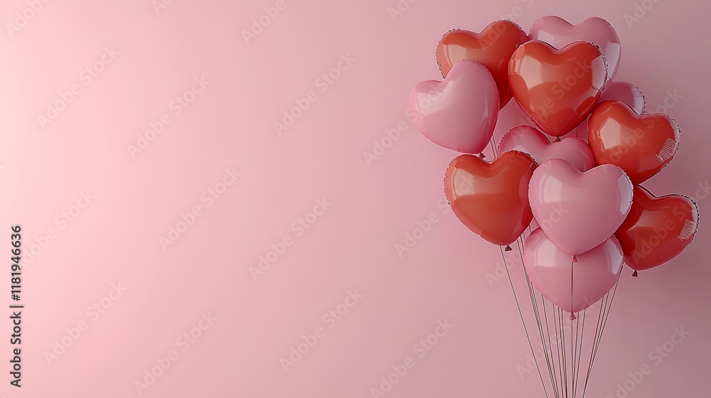 Poster 3d render a cluster of heart-shaped balloons in shades of pink and red against a soft pink backgroun