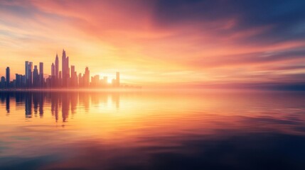 Stunning Sunset Over City Skyline Reflected in Calm Waters