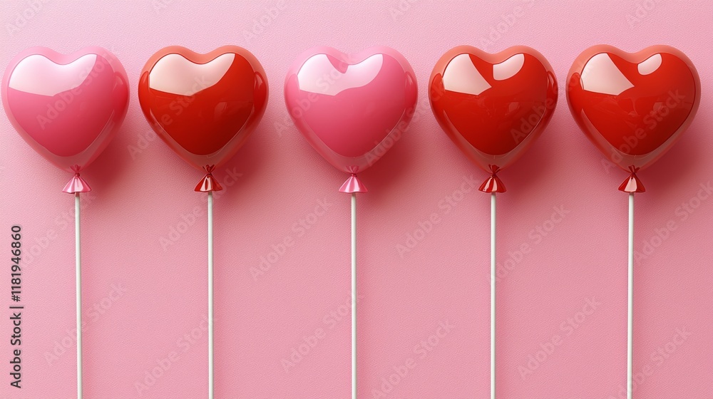 Poster 3d render colorful heart-shaped balloons in pink and red arranged in a row against a soft pink backg