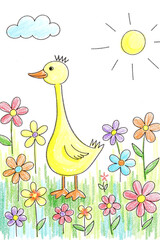 Fototapeta premium Color Pencil Drawing for Kids: Happy Duck in a Flower Field - Generative AI 