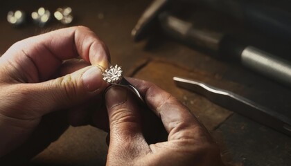 A master jeweler setting gems into diamond ring, workshop with professional tools 