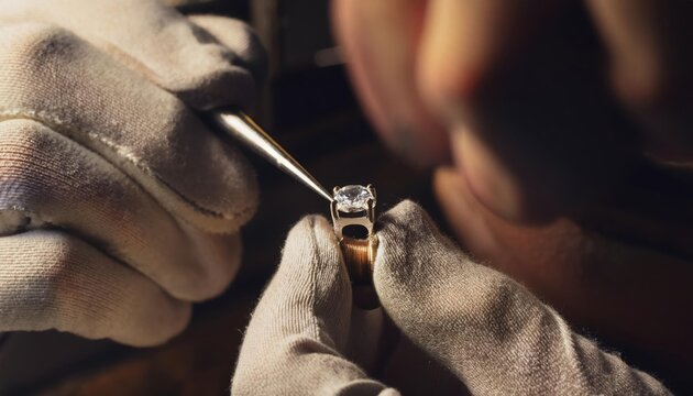 A master jeweler setting gems into diamond ring, workshop with professional tools - Powered by Adobe