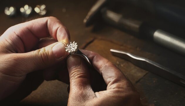 A master jeweler setting gems into diamond ring, workshop with professional tools 