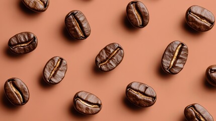 Fototapeta premium Symmetrical flat lay of roasted coffee beans on warm brown background for coffee lovers and food enthusiasts