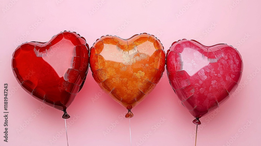 Poster 3d render three colorful heart-shaped balloons against a soft pink background, creating a whimsical 