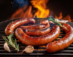 sausage merguez on a barbecue grill sausage on a bbq summer party roasted meat chicken pork lamb spicy meat flames traditional barbecue american food grilled meat grill