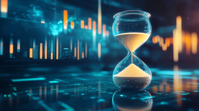 Hourglass with flowing sand shows time is money concept on graph investment chart background