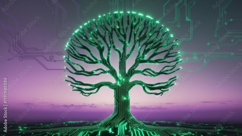 Poster a digital tree with glowing branches set against a gradient background, symbolizing the fusion of na