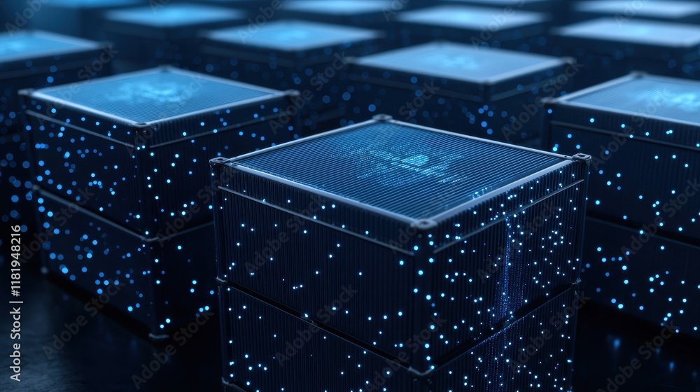 Poster digital storage boxes with blue data visualization