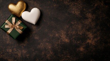 Fototapeta premium 3d render A stylish green gift box with a gold ribbon, accompanied by two heart-shaped decorations, set against a dark, textured background.