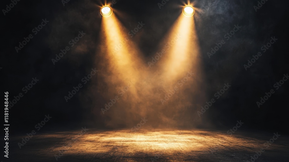 Poster smoke filling an empty stage illuminated orange lights, creating a dramatic and atmospheric setting 