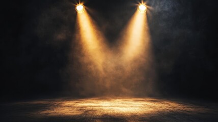 Smoke filling an empty stage illuminated orange lights, creating a dramatic and atmospheric setting background