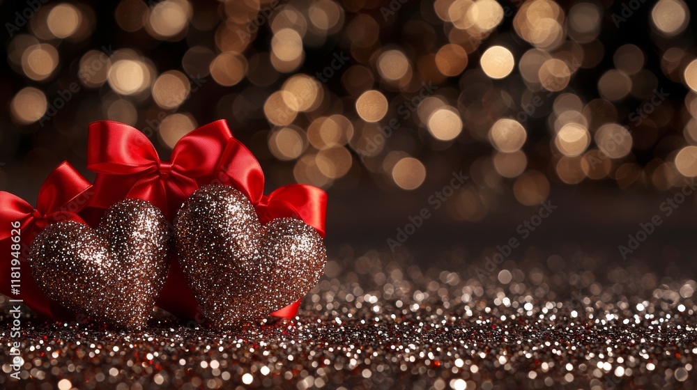 Poster 3d render two glittery hearts with a red ribbon sit on a sparkly surface, creating a romantic atmosp