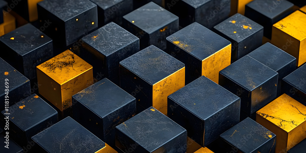 Poster modern abstract design of black and yellow cubes arranged in a geometric grid, combining innovation 