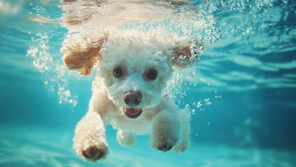 Poodle dog swimming under water, cute puppy animal background