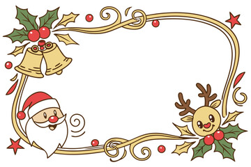 Fototapeta premium Christmas frame, golden ornate border, jingle bells, holly leaves, Santa Claus cartoon, reindeer cartoon, party horns, confetti, red bow, festive decorations, white background, cheerful holiday charac