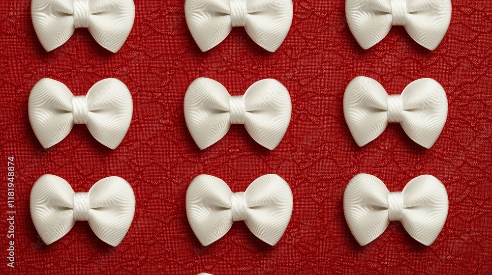 Poster 3d render a collection of white decorative bows arranged neatly on a vibrant red background, creatin
