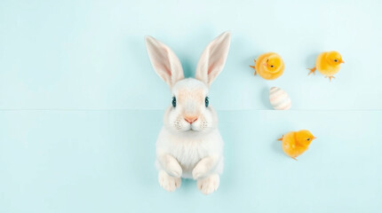 Obraz premium Adorable white bunny with fluffy yellow chicks and an egg on a pastel blue background. Perfect for Easter or spring celebrations!