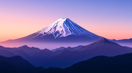 Serene Digital Illustration of a Snow-Capped Mountain at Sunrise, with Layered Blue and Purple Hills in the Foreground, Creating a Peaceful and Vibrant Natural Landscape Scene