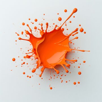 Dramatic suspended orange paint splatter on a blank white backdrop capturing an explosion of vibrant color and kinetic energy  The paint is frozen in a state of dynamic motion