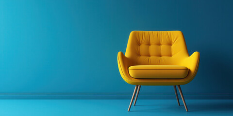 Modern yellow armchair in living room on bright blue background, interior design concept with copy space