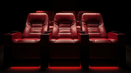 Plush red seats in dark interior of modern home cinema movie theatre room