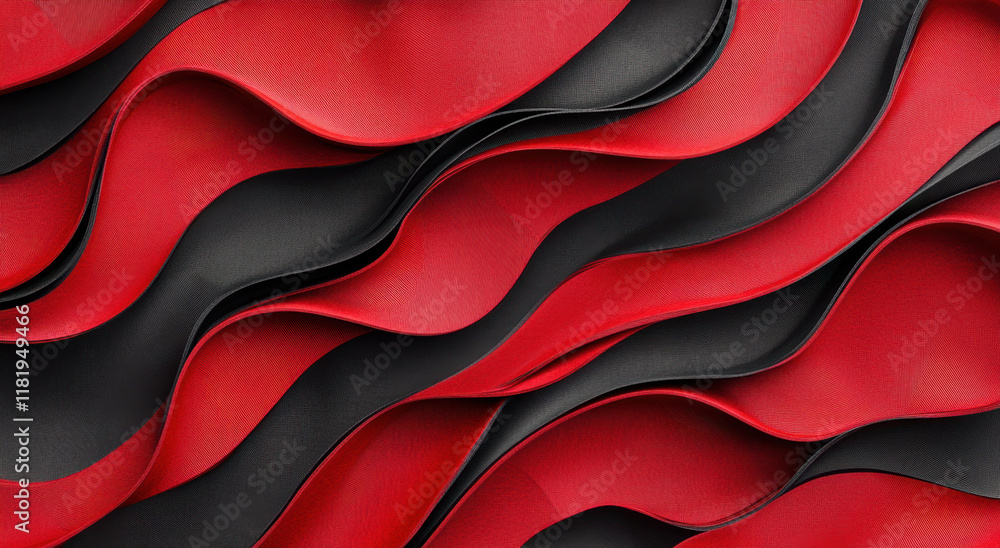 Poster waves of red and black ribbon create a dynamic and textured surface, illustrating a captivating inte