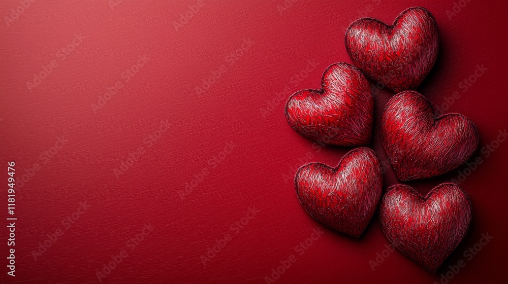 Poster 3d render a vibrant display of five textured red hearts on a bold red background, perfect for romant
