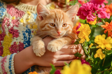 Close-up of a young girl holding an orange tabby kitten surrounded by colorful blooming flowers in a sunlit garden