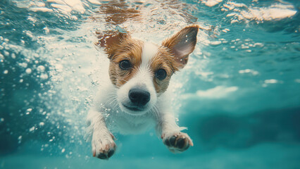 Jack Russell Terrier dog swimming under water, cute puppy animal background