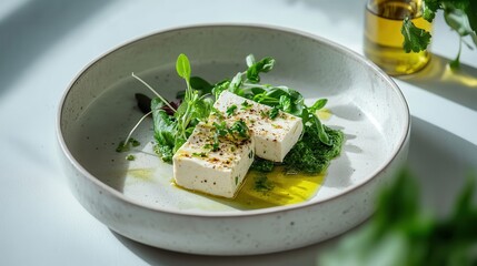 Seared tofu cubes with fresh greens and organic olive oil in a clean setup