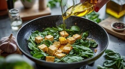 Seared tofu cubes with fresh greens and organic olive oil in a clean setup
