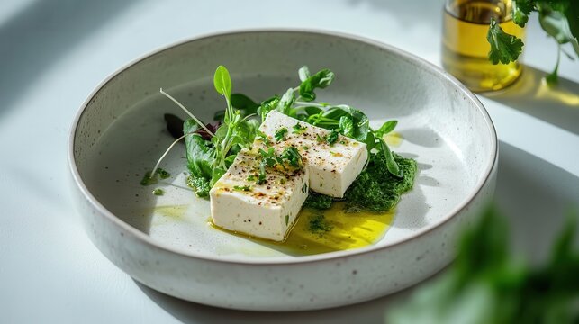 Seared tofu cubes with fresh greens and organic olive oil in a clean setup