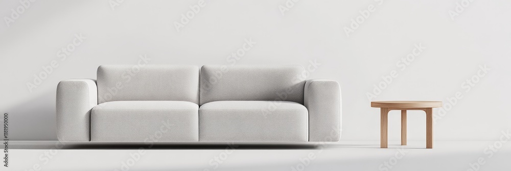 Poster white sofa and small wooden coffee table standing in an empty room with white walls and floor, creat